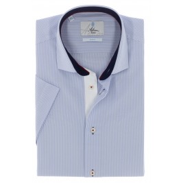 СТИЛЬНАЯ ПРИТАЛЕННАЯ РУБАШКА В МЕЛКУЮ ГОЛУБУЮ ПОЛОСКУ SLIM FIT ASTRON С КОРОТКИМ РУКАВОМ