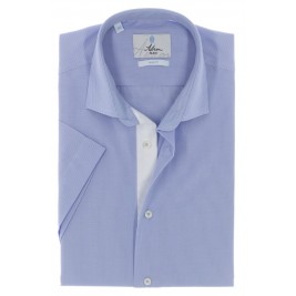 БЛАКИТНА ПРИТАЛЕНА СОРОЧКА В ДРІБНУ СМУЖКУ SLIM FIT ASTRON НА КОРОТКИЙ РУКАВ