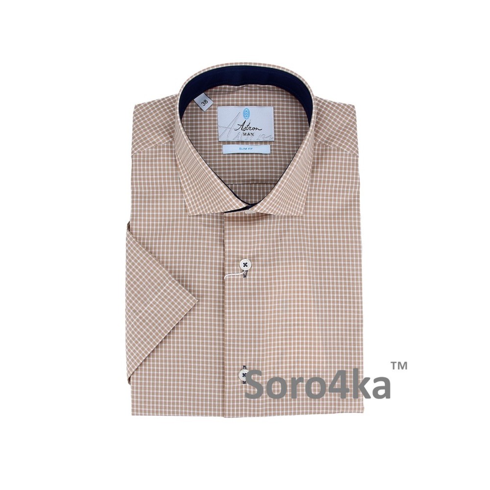 СОРОЧКА В КОРИЧНЕВУ КЛІТИНКУ ASTRON SLIM FIT НА КОРОТКИЙ РУКАВ