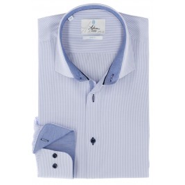 СТИЛЬНАЯ ПРИТАЛЕННАЯ РУБАШКА В МЕЛКУЮ ГОЛУБУЮ ПОЛОСКУ SLIM FIT ASTRON