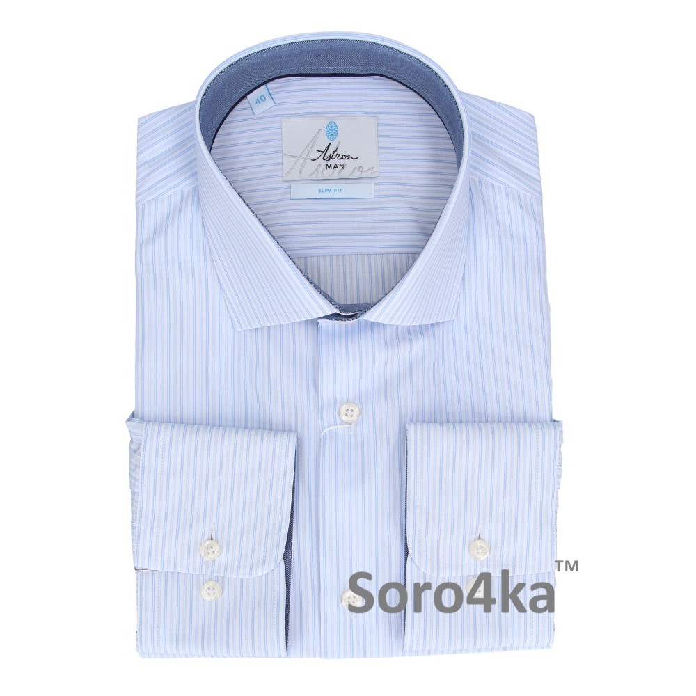 ПРИТАЛЕНА СОРОЧКА В БЛАКИТНУ ДРІБНУ СМУЖКУ SLIM FIT ASTRON