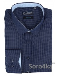 СТИЛЬНАЯ СИНЯЯ ПРИТАЛЕННАЯ РУБАШКА В МЕЛКУЮ КЛЕТКУ Slim Fit Maestro di Castello