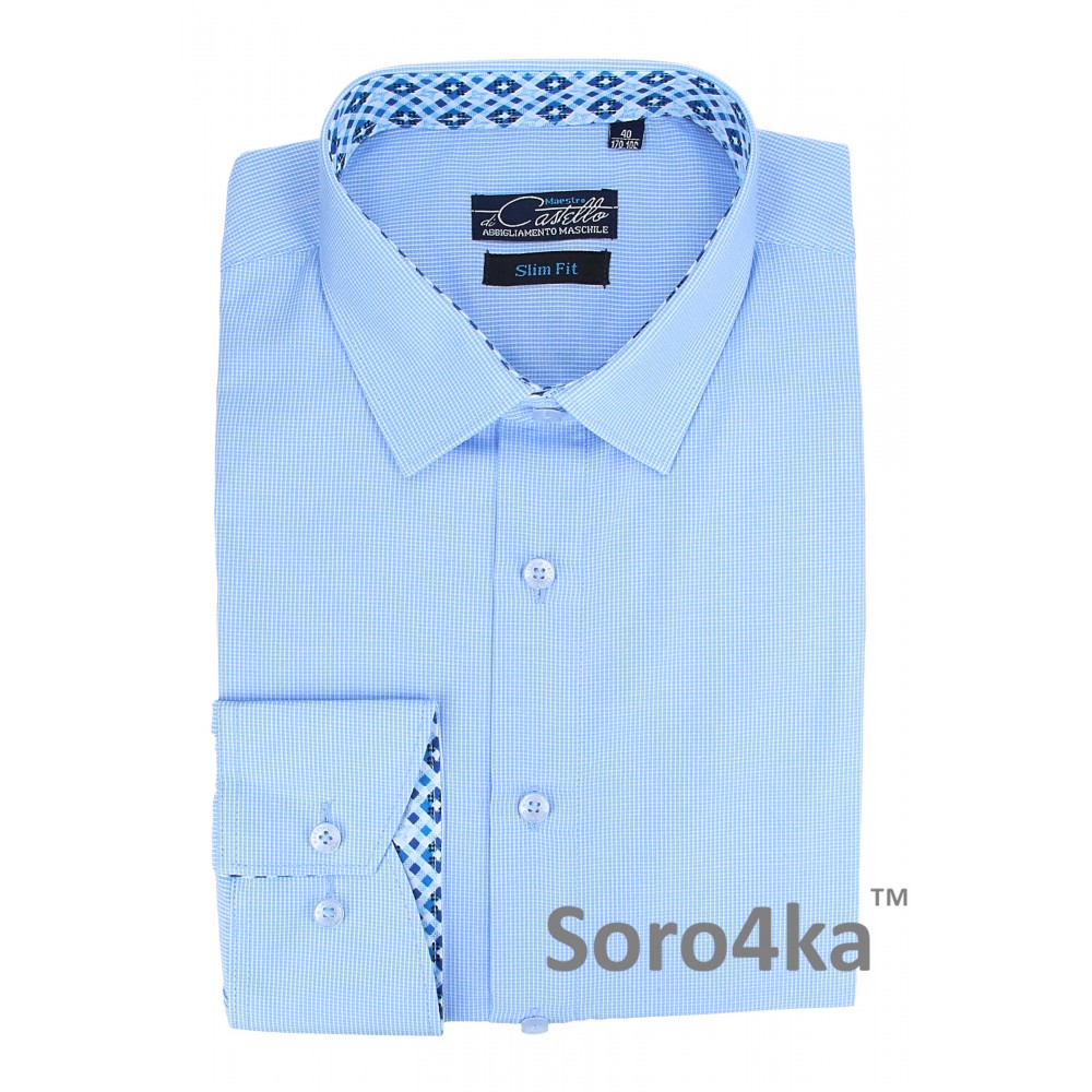 СТИЛЬНА БЛАКИТНА ПРИТАЛЕНА СОРОЧКА В ДРІБНУ СМУЖКУ Slim Fit Maestro di Castello