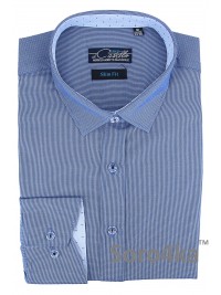 СТИЛЬНАЯ СИНЯЯ ПРИТАЛЕННАЯ РУБАШКА В МЕЛКИЙ РИСУНОК Maestro di Castello Slim Fit