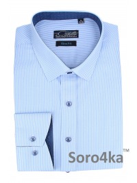 СТИЛЬНАЯ ГОЛУБАЯ ПРИТАЛЕННАЯ РУБАШКА В ПОЛОСКУ Slim Fit Maestro di Castello
