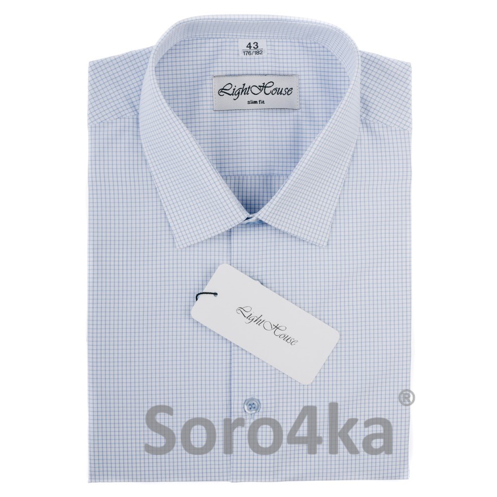 БЕЛАЯ ПРИТАЛЕННАЯ РУБАШКА В ГОЛУБУЮ КЛЕТОЧКУ LIGHTHOUSE SLIM FIT