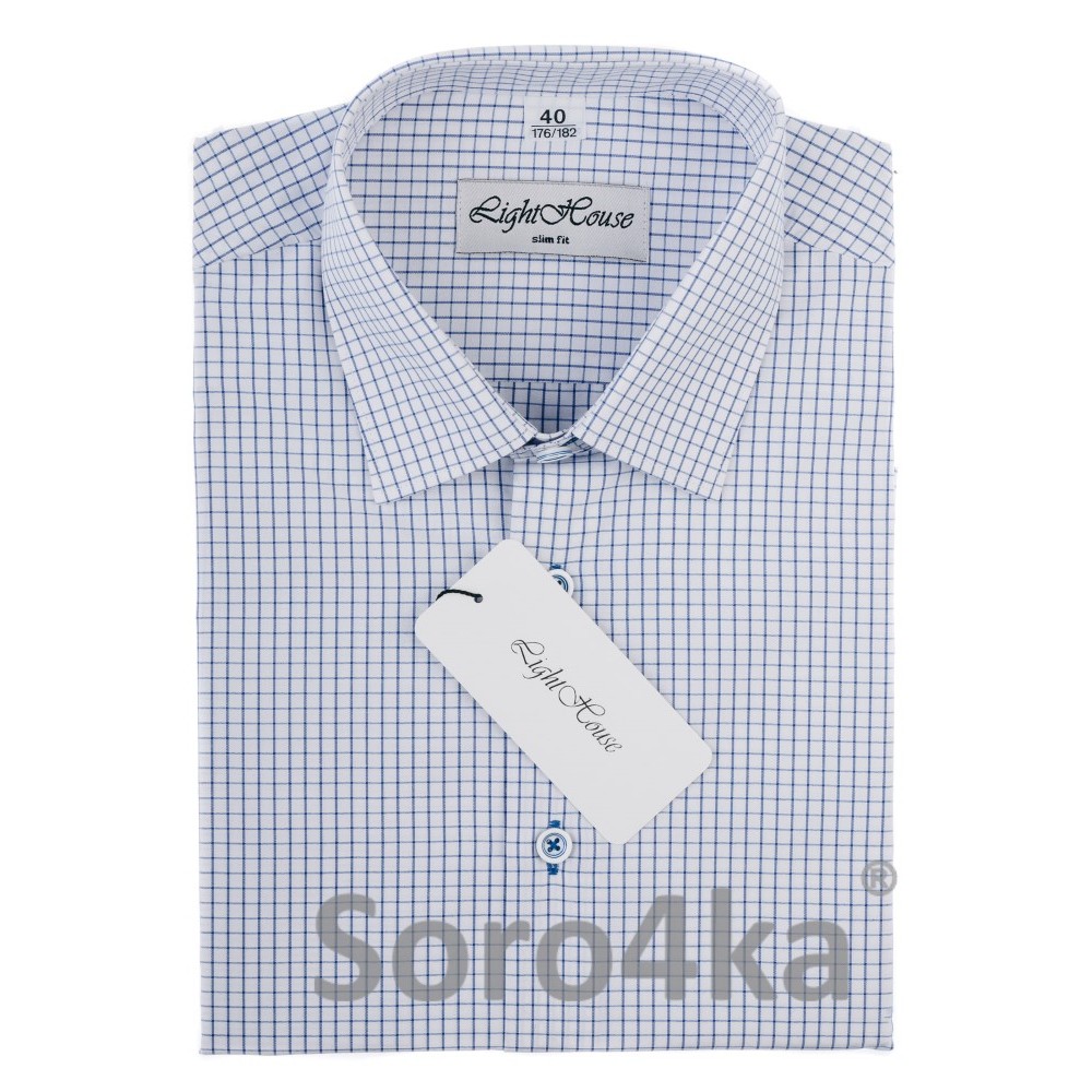 БІЛА ПРИТАЛЕНА СОРОЧКА В СИНЮ КЛІТИНКУ LIGHTHOUSE SLIM FIT